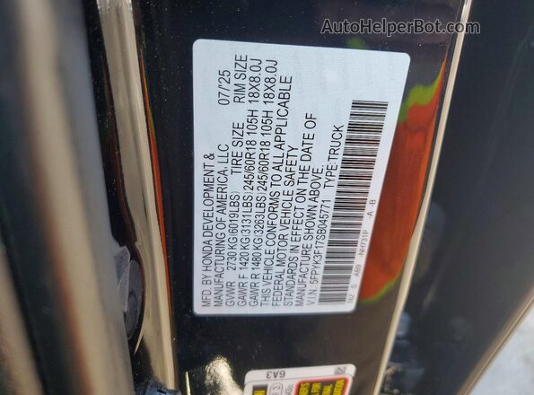 5FPYK3F17SB045771 2025 HONDA RIDGELINE Black Widok naklejki z numerem VIN