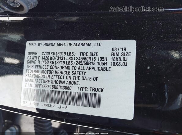 5FPYK3F18KB043060 2019 HONDA RIDGELINE Черный Вид подкапотного пространства