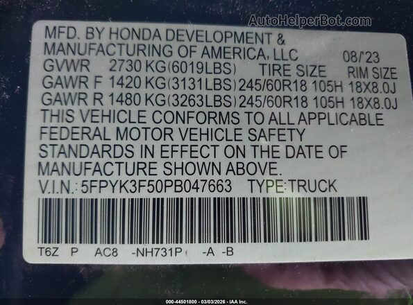 5FPYK3F50PB047663 2023 HONDA RIDGELINE Черный Вид подкапотного пространства