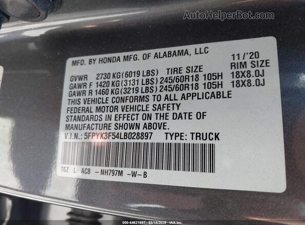 5FPYK3F54LB028897 2020 HONDA RIDGELINE Серый Вид подкапотного пространства