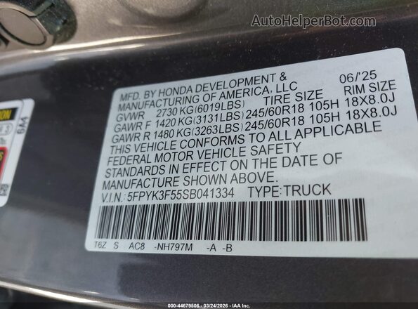 5FPYK3F55SB041334 2025 HONDA RIDGELINE Gray Widok komory silnika