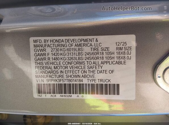 5FPYK3F57TB014184 2026 HONDA RIDGELINE Gray Vista del compartimento del motor