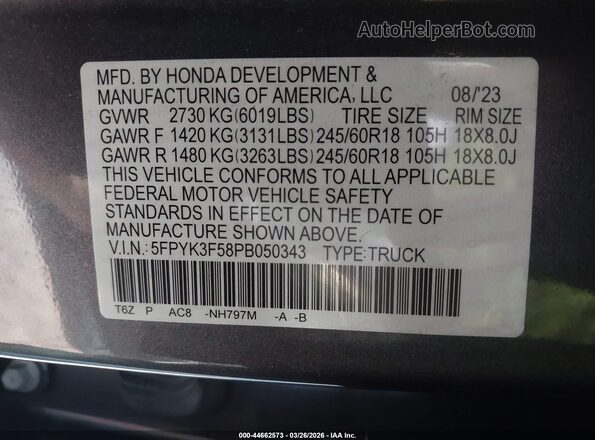 5FPYK3F58PB050343 2023 HONDA RIDGELINE Серый Вид подкапотного пространства