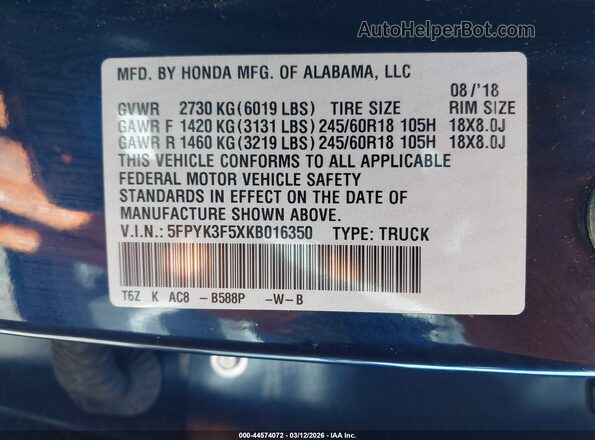 5FPYK3F5XKB016350 2019 HONDA RIDGELINE Синий Вид подкапотного пространства