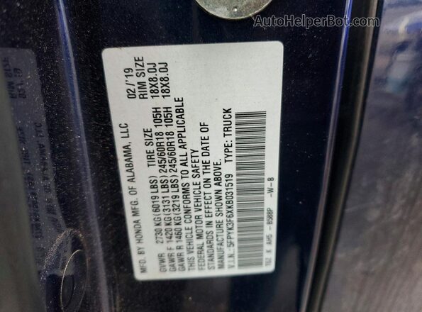 5FPYK3F6XKB031519 2019 HONDA RIDGELINE Blue Engine compartment view
