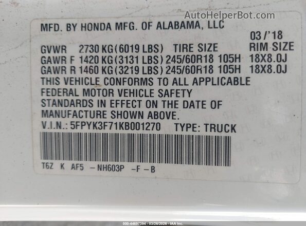 5FPYK3F71KB001270 2019 HONDA RIDGELINE Белый Вид подкапотного пространства