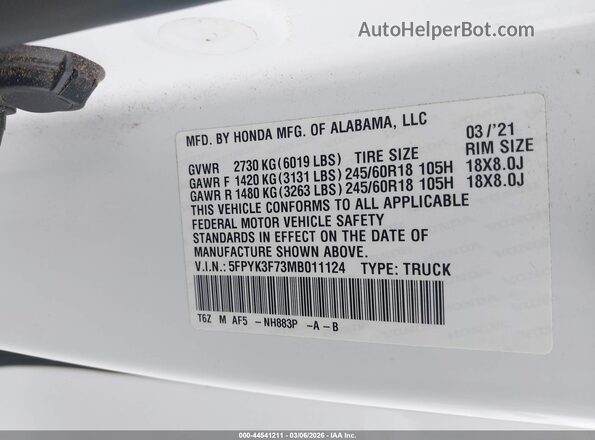 5FPYK3F73MB011124 2021 HONDA RIDGELINE Белый Вид подкапотного пространства