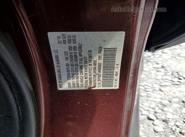 5FPYK3F74KB000050 2019 HONDA RIDGELINE Burgundy Widok naklejki z numerem VIN