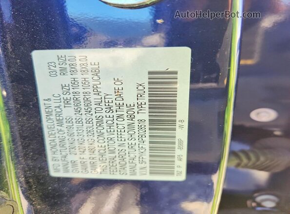 5FPYK3F74PB028518 2023 HONDA RIDGELINE Синий Вид наклейки с VIN-кодом