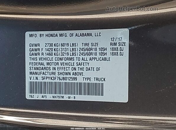 5FPYK3F76JB012599 2018 HONDA RIDGELINE Серый Вид подкапотного пространства