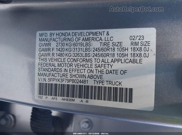 5FPYK3F79PB024481 2023 HONDA RIDGELINE Gray Вид підкапотного простору