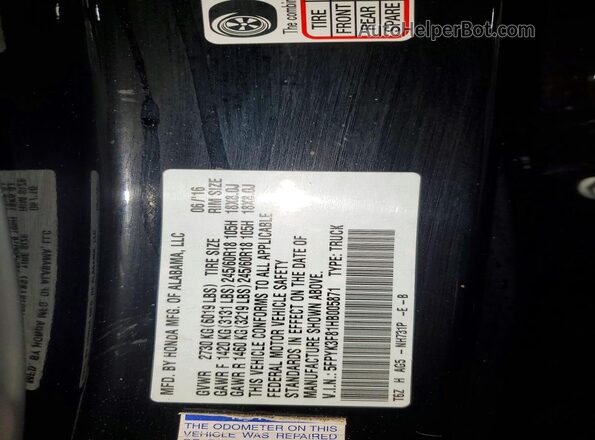5FPYK3F81HB005871 2017 HONDA RIDGELINE Черный Вид подкапотного пространства