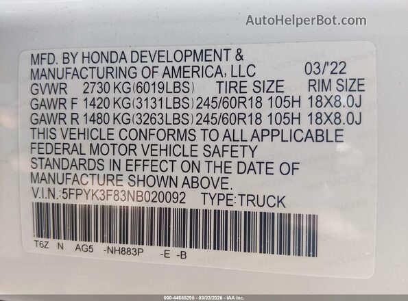 5FPYK3F83NB020092 2022 HONDA RIDGELINE White Вид підкапотного простору