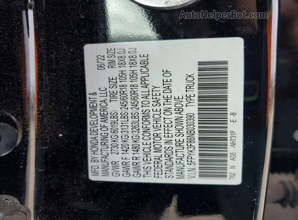 5FPYK3F86NB030390 2022 HONDA RIDGELINE Черный Вид наклейки с VIN-кодом