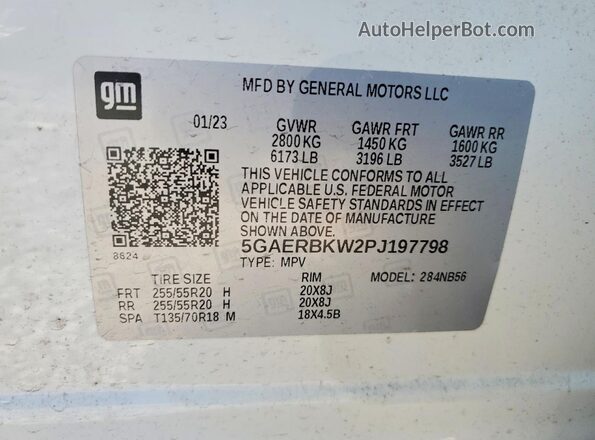 5GAERBKW2PJ197798 2023 BUICK ENCLAVE White Widok naklejki z numerem VIN