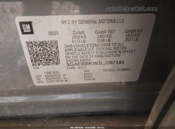 5GAERBKW3LJ287181 2020 BUICK ENCLAVE Серый Вид подкапотного пространства