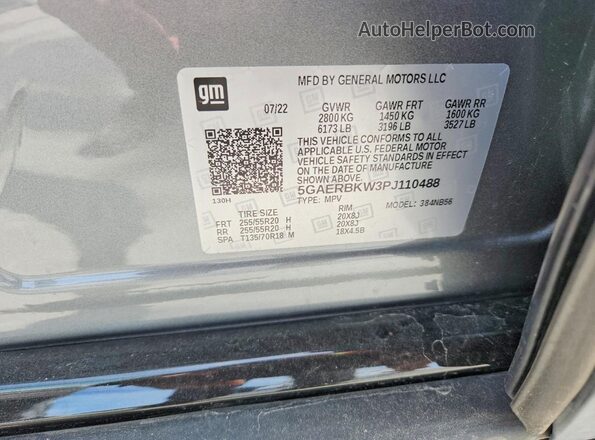 5GAERBKW3PJ110488 2023 BUICK ENCLAVE Silver Widok naklejki z numerem VIN