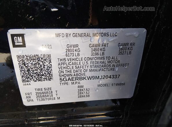5GAERBKW9MJ204337 2021 BUICK ENCLAVE Черный Вид подкапотного пространства
