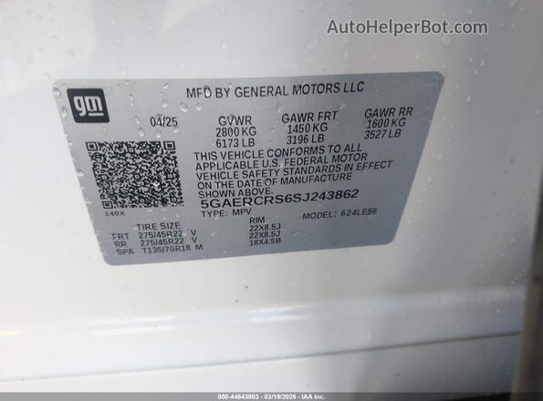 5GAERCRS6SJ243862 2025 BUICK ENCLAVE White Вид підкапотного простору