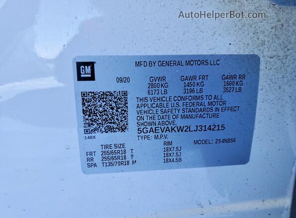 5GAEVAKW2LJ314215 2020 BUICK ENCLAVE Белый Вид наклейки с VIN-кодом