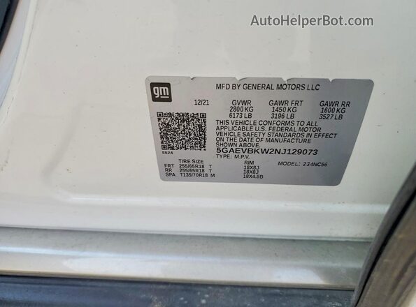 5GAEVBKW2NJ129073 2022 BUICK ENCLAVE Белый Вид наклейки с VIN-кодом