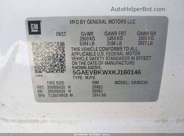 5GAEVBKWXKJ160146 2019 BUICK ENCLAVE White Вид підкапотного простору