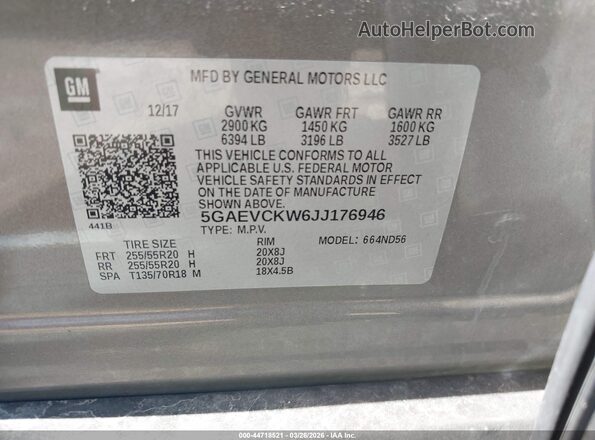5GAEVCKW6JJ176946 2018 BUICK ENCLAVE Серебряный Вид подкапотного пространства