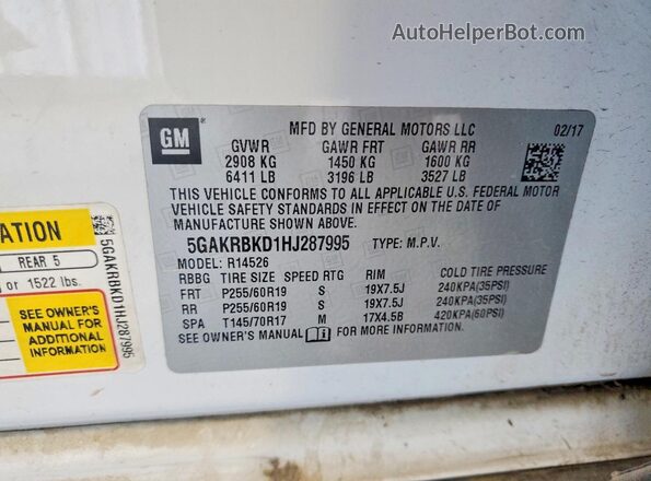 5GAKRBKD1HJ287995 2017 BUICK ENCLAVE Белый Вид наклейки с VIN-кодом