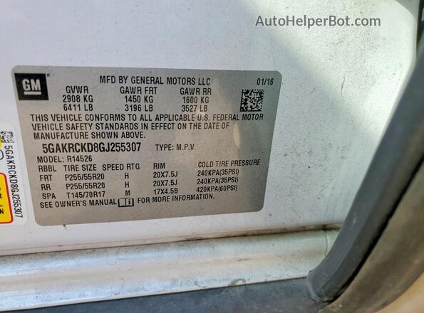 5GAKRCKD8GJ255307 2016 BUICK ENCLAVE Белый Вид наклейки с VIN-кодом