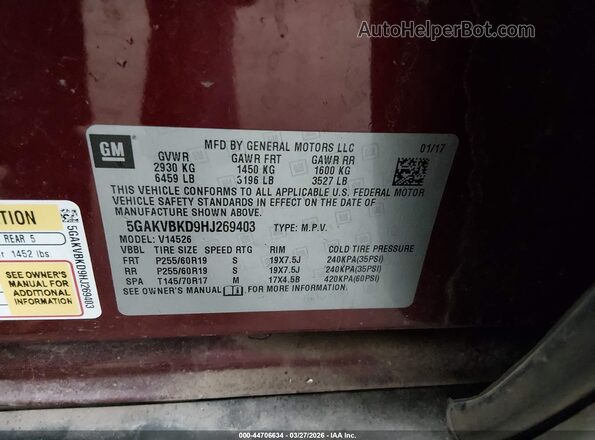 5GAKVBKD9HJ269403 2017 BUICK ENCLAVE Бордовый Вид подкапотного пространства