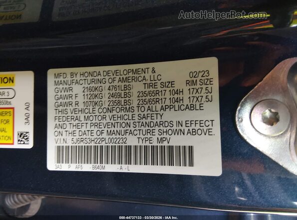 5J6RS3H22PL002232 2023 HONDA CR-V Blue Widok komory silnika