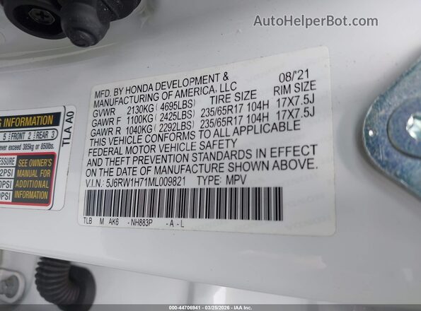 5J6RW1H71ML009821 2021 HONDA CR-V Белый Вид подкапотного пространства