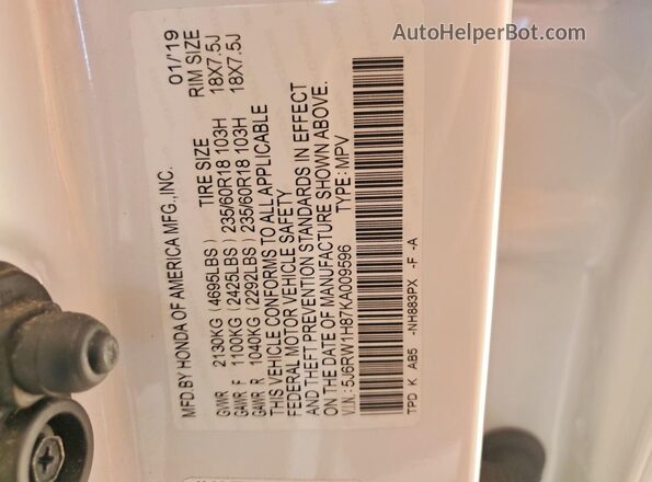 5J6RW1H87KA009596 2019 HONDA CR-V White Widok komory silnika