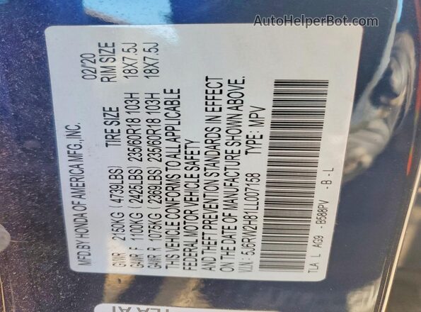 5J6RW2H81LL007158 2020 HONDA CR-V Синий Вид наклейки с VIN-кодом