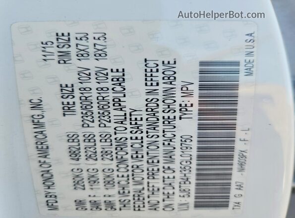 5J8TB4H35GL019750 2016 ACURA RDX Белый Вид подкапотного пространства