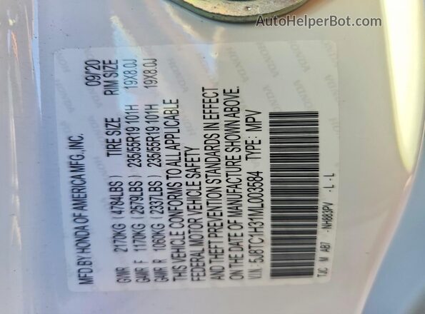 5J8TC1H31ML003584 2021 ACURA RDX White Widok naklejki z numerem VIN