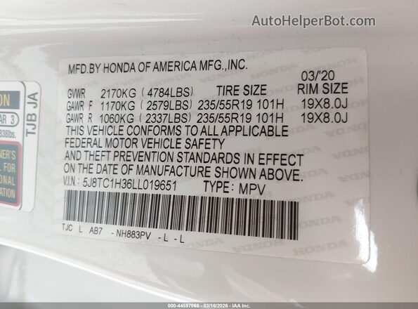 5J8TC1H36LL019651 2020 ACURA RDX Белый Вид подкапотного пространства