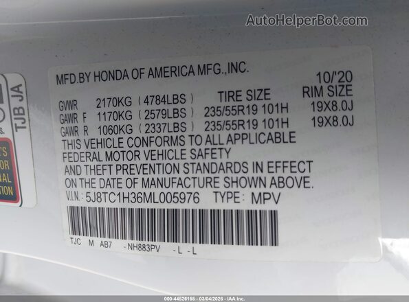 5J8TC1H36ML005976 2021 ACURA RDX White Engine compartment view