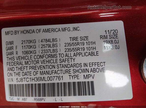5J8TC1H36ML007761 2021 ACURA RDX Red Engine compartment view