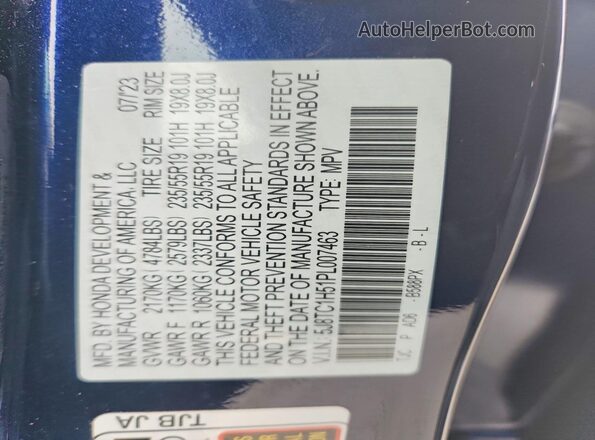 5J8TC1H51PL007463 2023 ACURA RDX Blue Вид наклейки з VIN-кодом