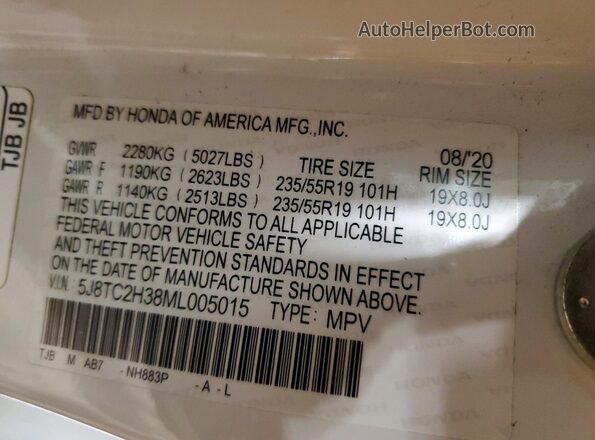 5J8TC2H38ML005015 2021 ACURA RDX Белый Вид наклейки с VIN-кодом