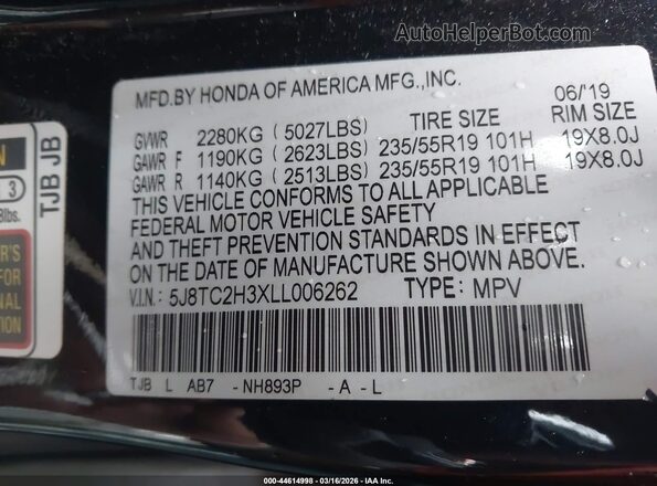 5J8TC2H3XLL006262 2020 ACURA RDX Черный Вид подкапотного пространства