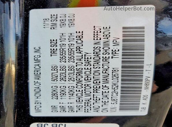 5J8TC2H52KL026781 2019 ACURA RDX Черный Вид наклейки с VIN-кодом