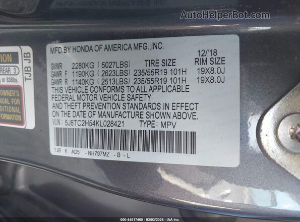 5J8TC2H54KL028421 2019 ACURA RDX Серый Вид подкапотного пространства