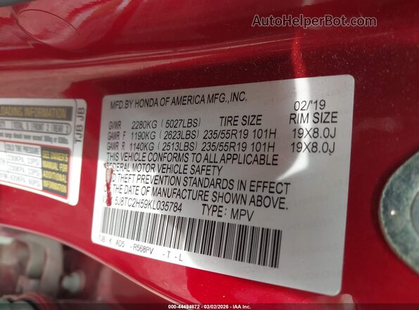 5J8TC2H59KL035784 2019 ACURA RDX Красный Вид подкапотного пространства