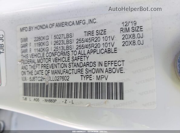 5J8TC2H60LL027602 2020 ACURA RDX Белый Вид подкапотного пространства