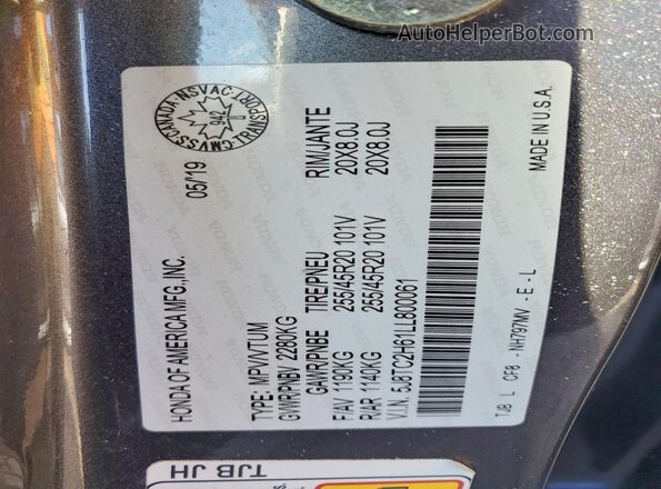 5J8TC2H61LL800061 2020 ACURA RDX Gray Vista interior de 360 grados