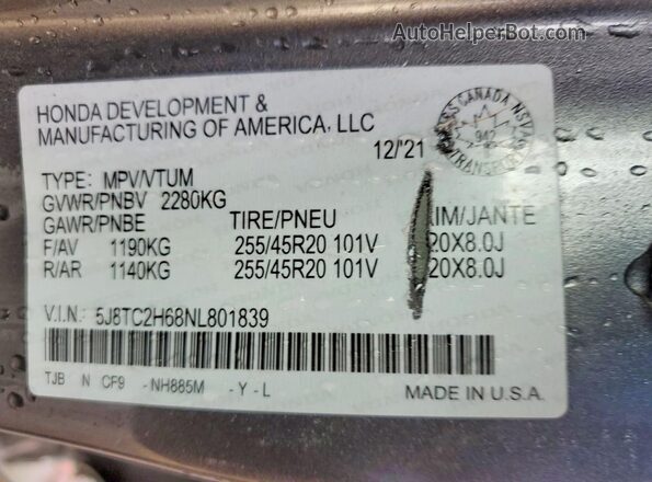 5J8TC2H68NL801839 2022 ACURA RDX Серый Вид наклейки с VIN-кодом