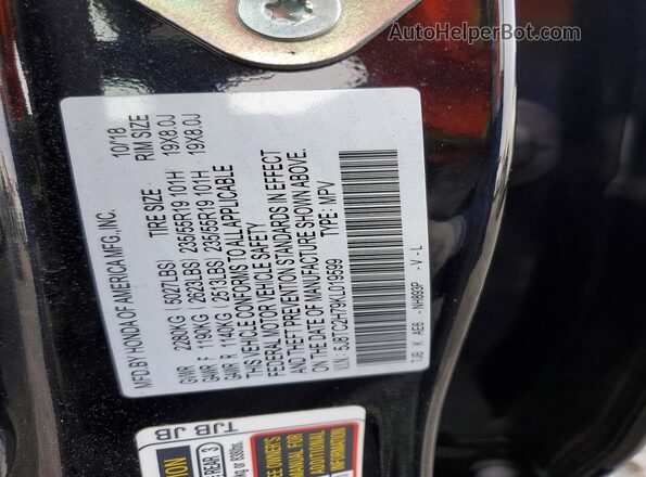 5J8TC2H79KL019599 2019 ACURA RDX Black Widok naklejki z numerem VIN