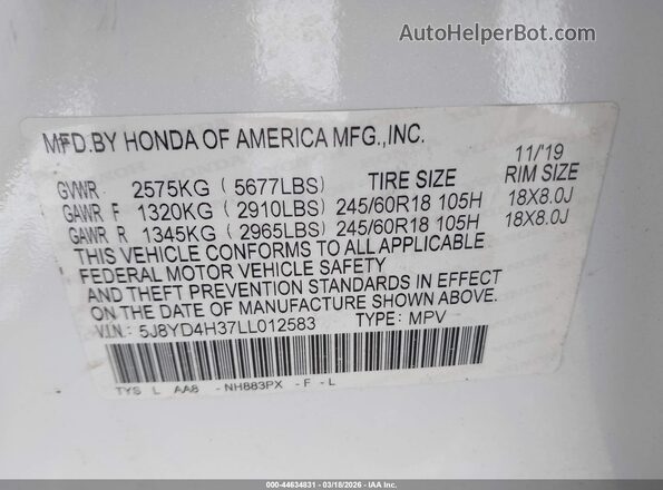 5J8YD4H37LL012583 2020 ACURA MDX Белый Вид подкапотного пространства